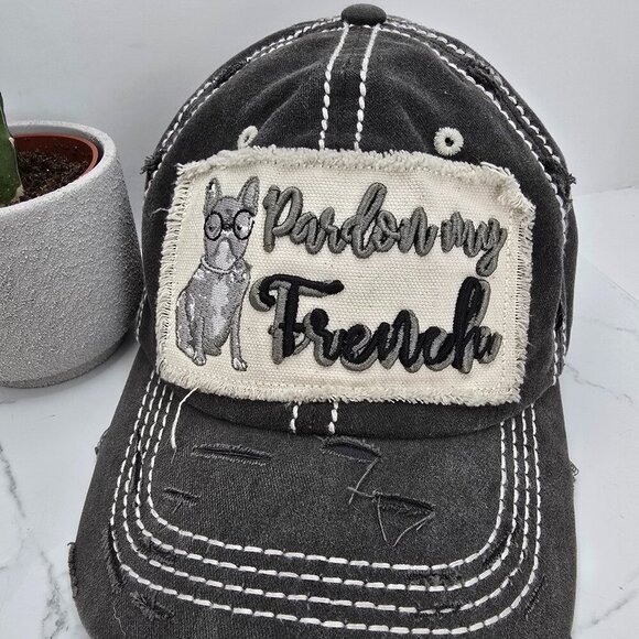 boho Pardon My French embroidered gray canvas adjustable baseball hat - Picture 2 of 8